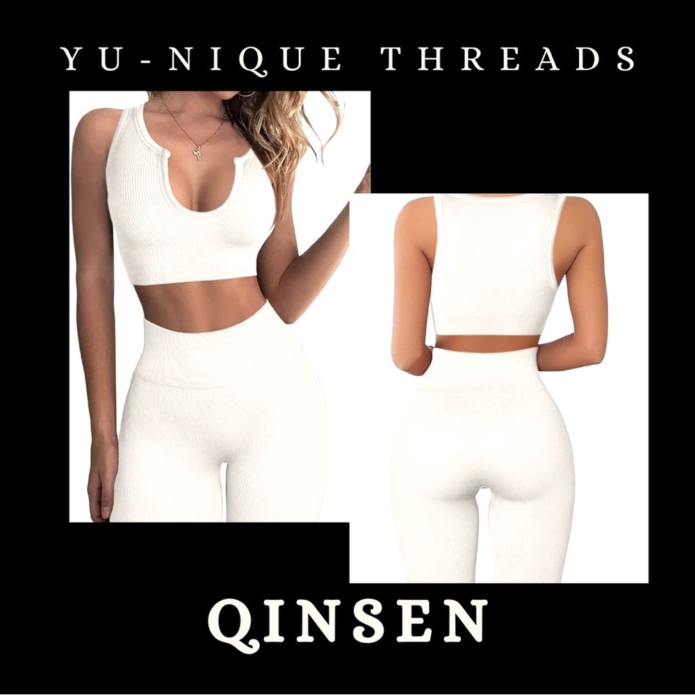 QINSEN Workout Outfit 2 Piece Ribbed Seamless Crop Top-High Waist Yoga Legging